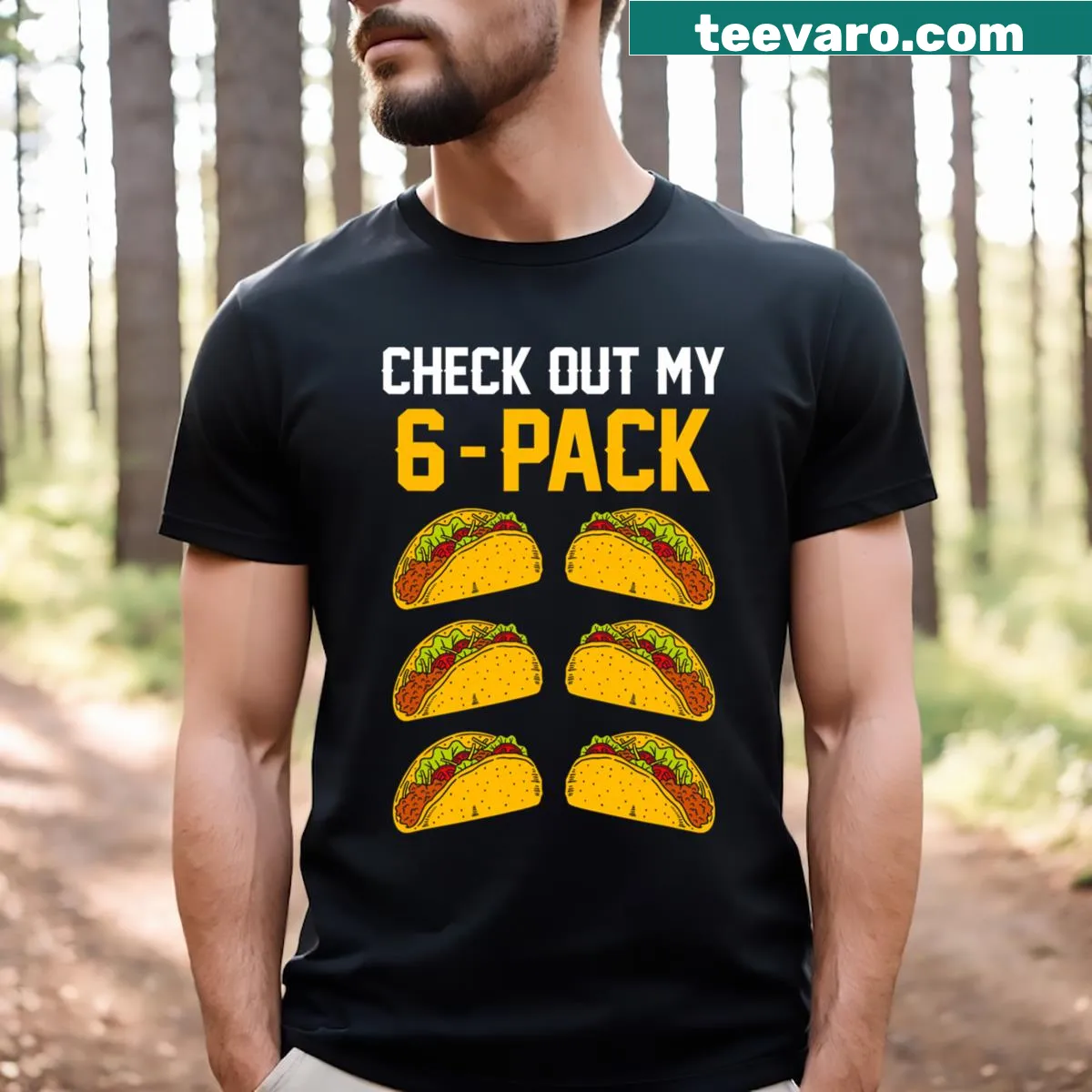 Funny gym-themed t-shirt with a six-pack and taco graphics — on a men's t-shirt
