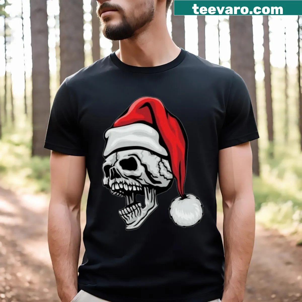 Skull wearing a Santa hat on a Christmas T-shirt — on a men's t-shirt