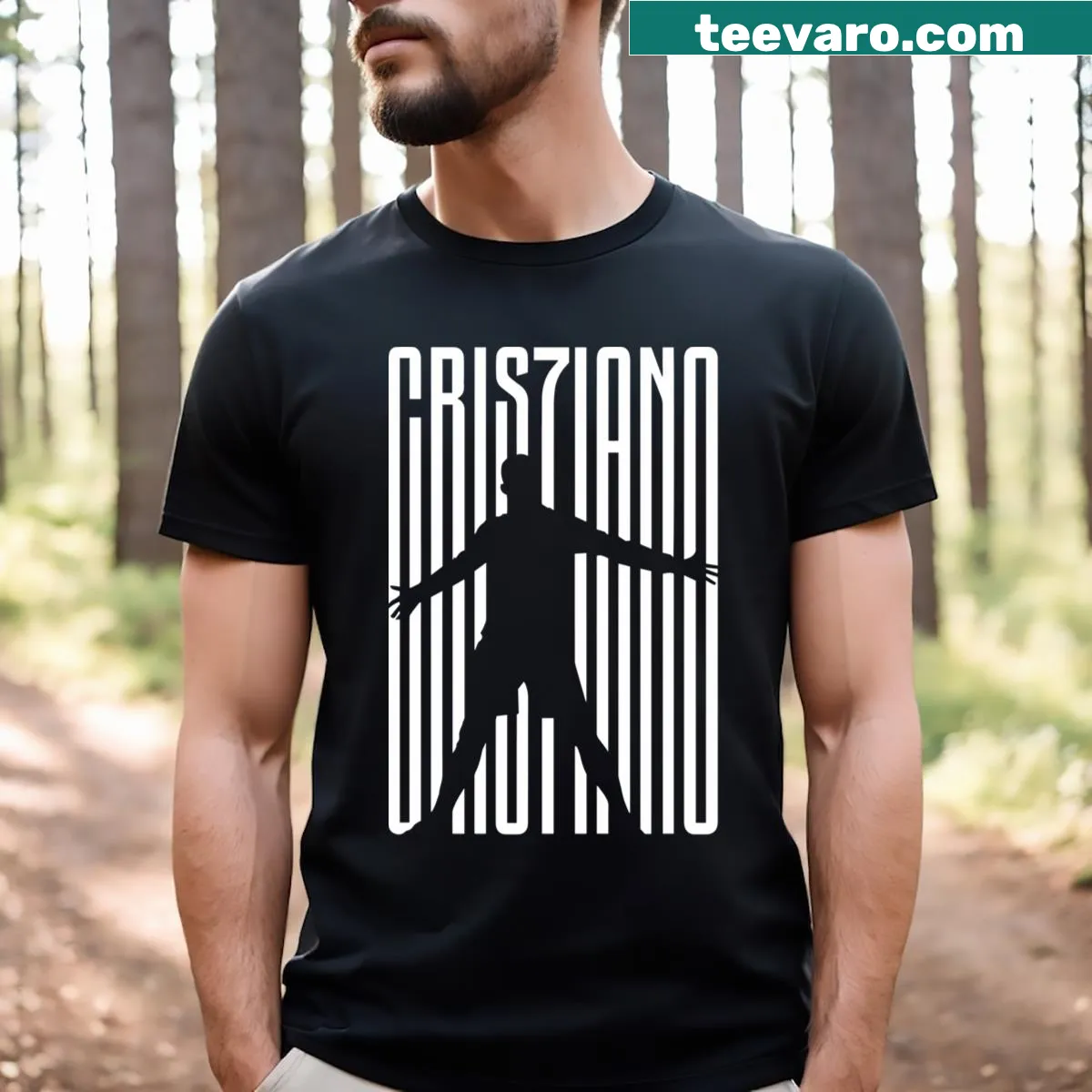 Cristiano Ronaldo icon graphic on a black jersey t-shirt — on a men's t-shirt
