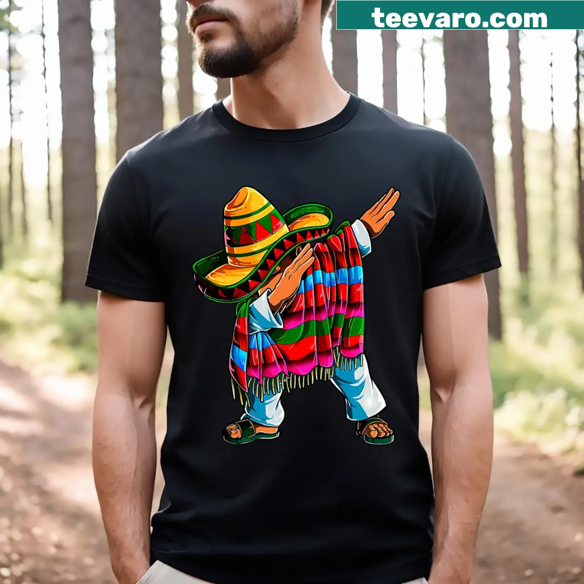 T-shirt featuring a dabbing character in a poncho and sombrero — on a men's t-shirt