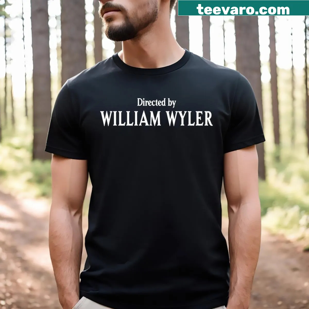 Illustrative T-shirt honoring filmmaker William Wyler with a cinematic design. — on a men's t-shirt