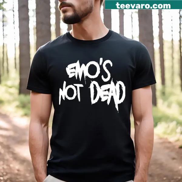 Funny T-shirt featuring the phrase Emo Mum Is Not Dead in bold typography