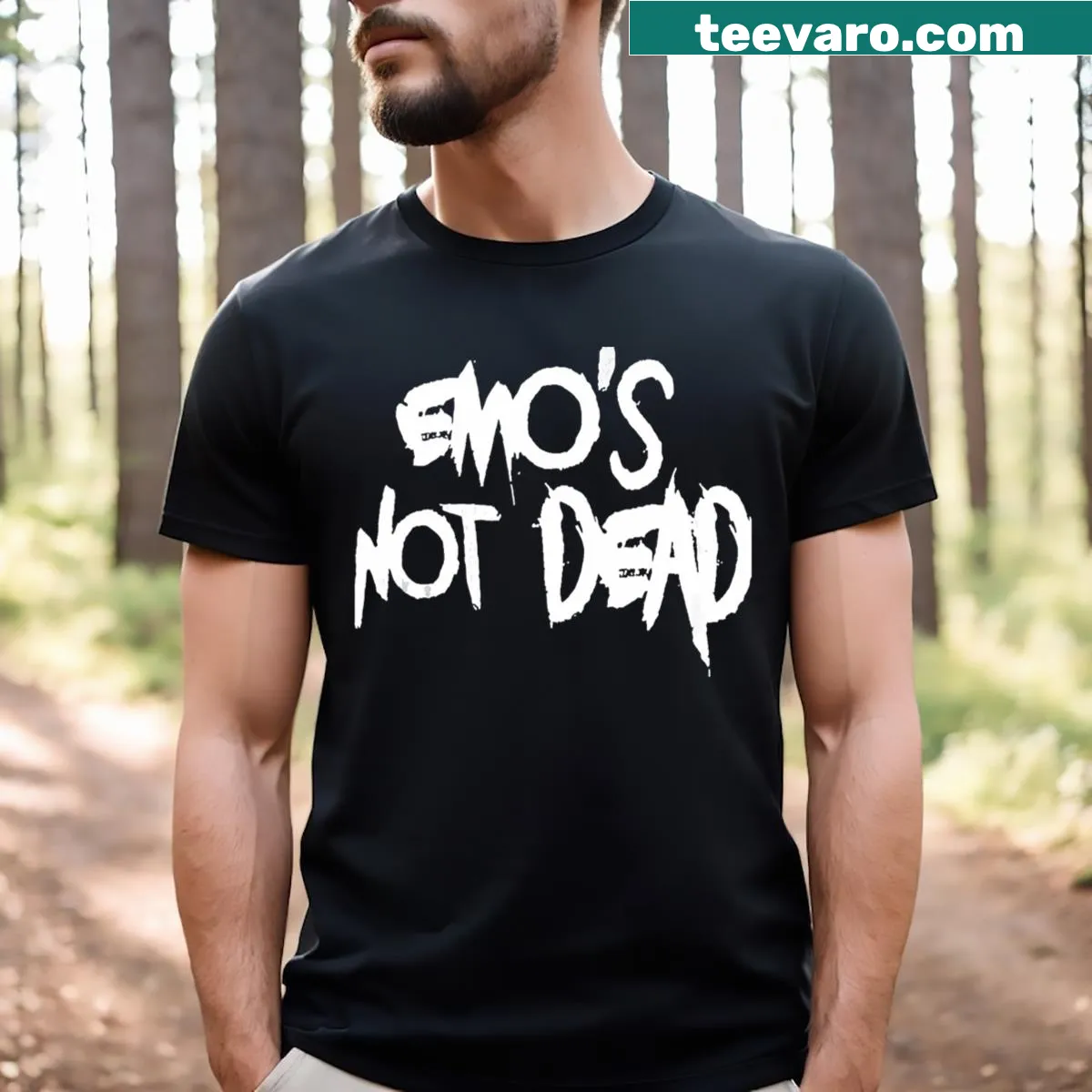 Funny T-shirt featuring the phrase Emo Mum Is Not Dead in bold typography — on a men's t-shirt