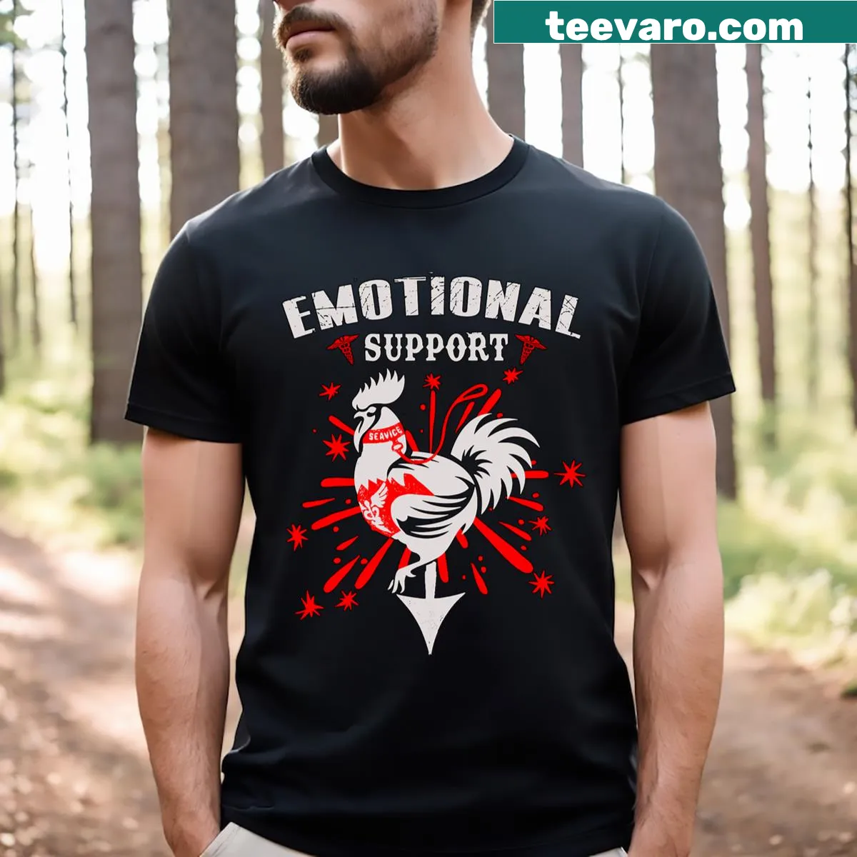 Funny T-shirt with a cartoon chicken labeled Emotional Support Chicken — on a men's t-shirt