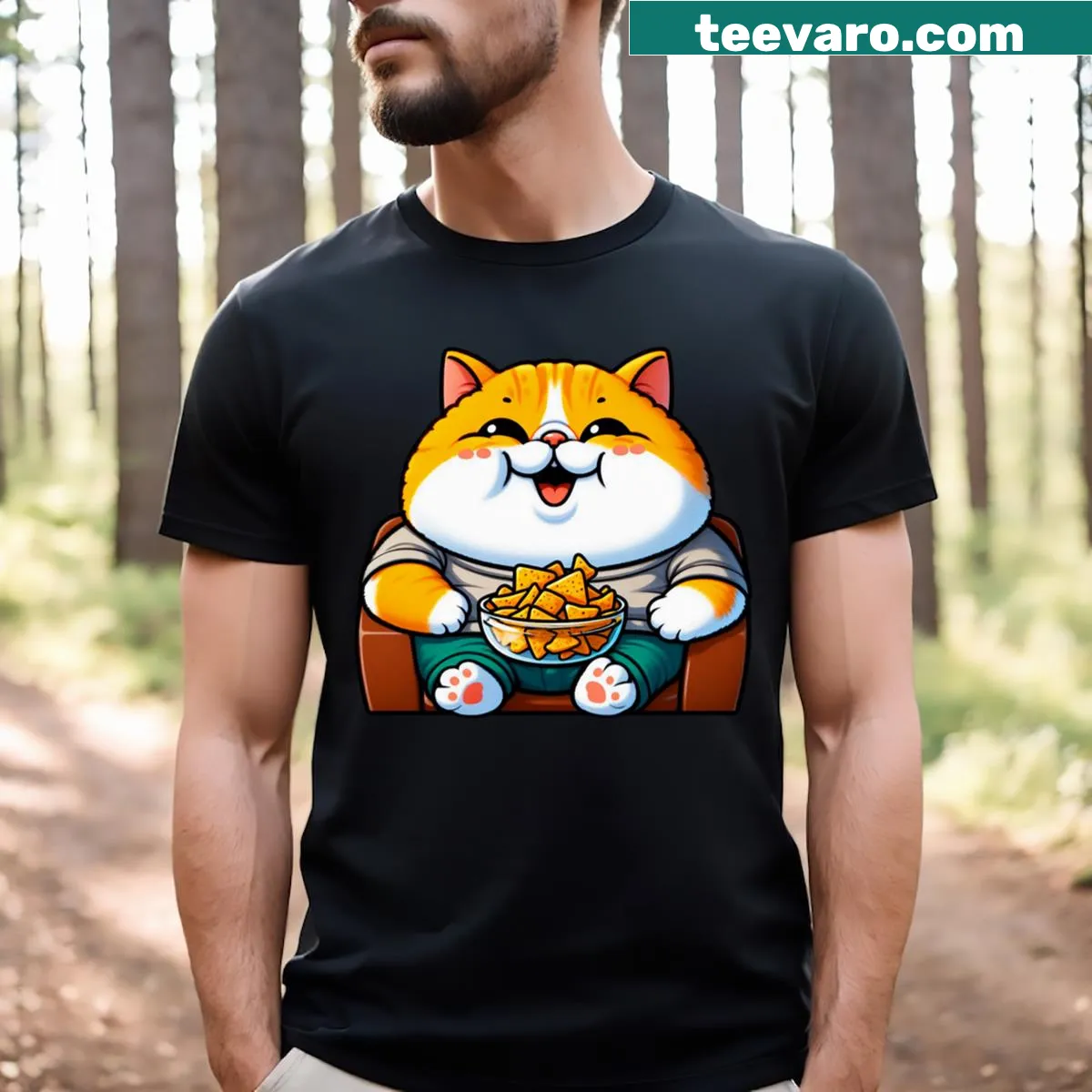 Cartoon of an exotic shorthaired cat with nachos on a T-shirt — on a men's t-shirt