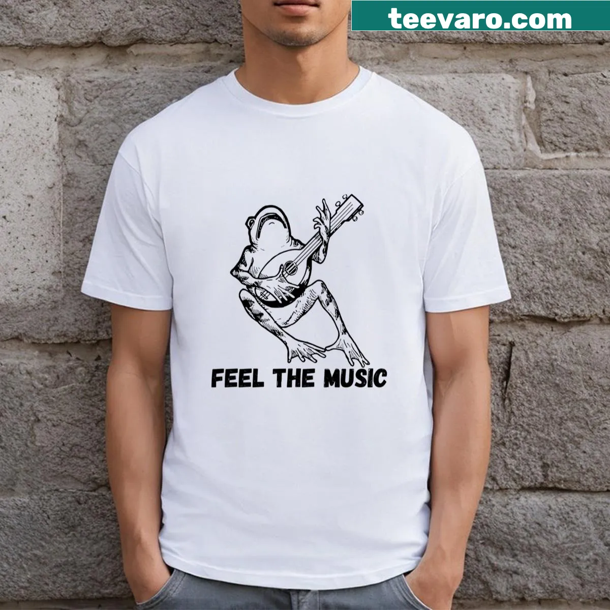 Playful illustration of frogs dancing with musical notes — on a men's t-shirt