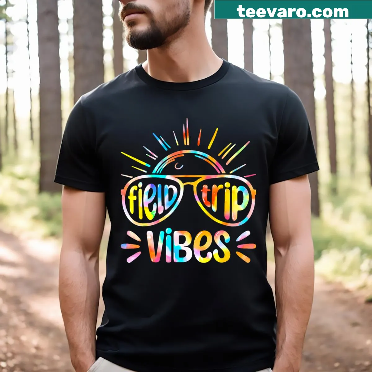 Retro field trip vibes T-shirt with sunglasses design — on a men's t-shirt
