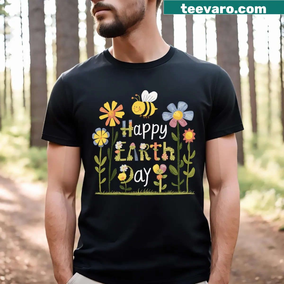 Boho floral design T-shirt for kids celebrating Earth Day — on a men's t-shirt