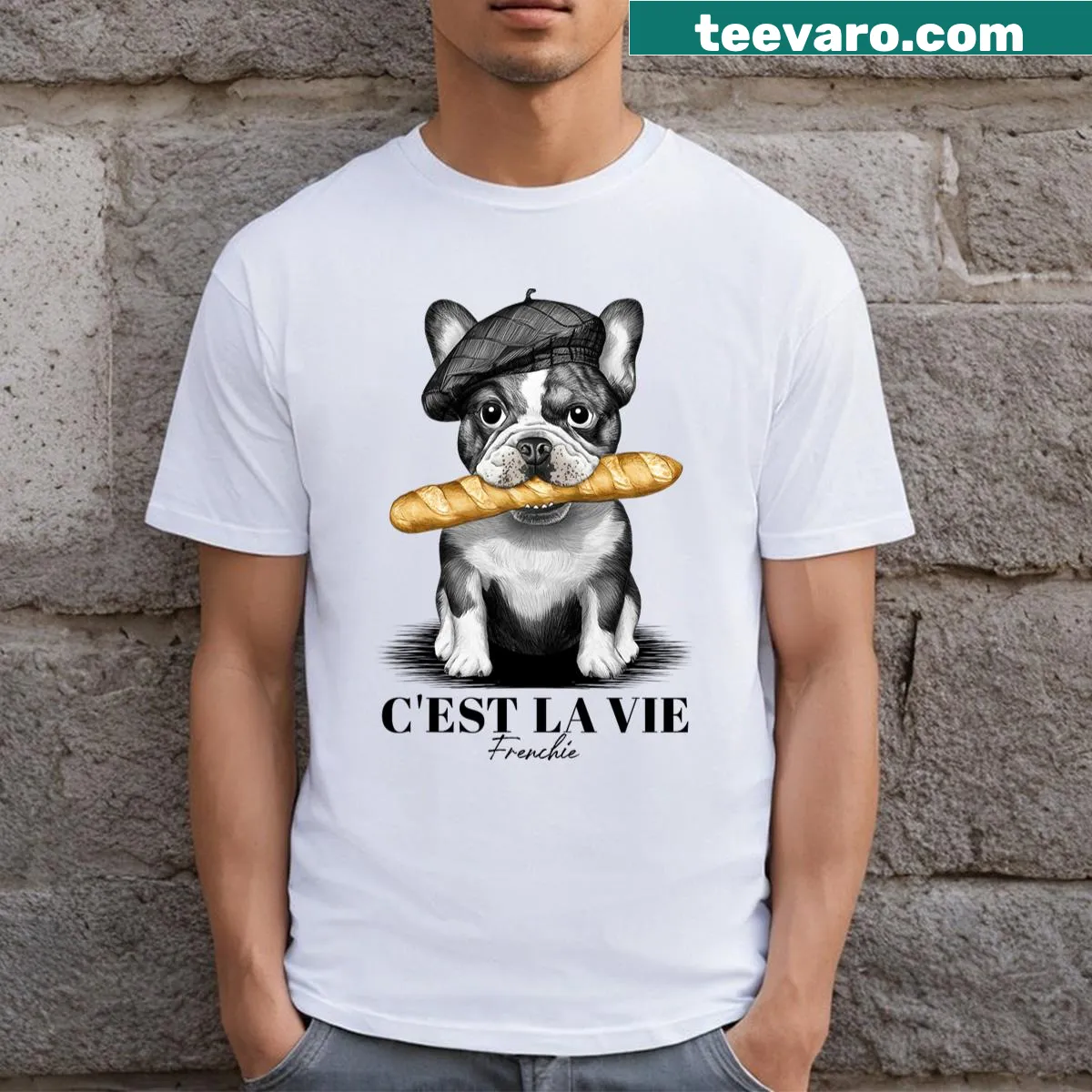 Hand-lettered C'est La Vie T-shirt with a French Bulldog graphic — on a men's t-shirt