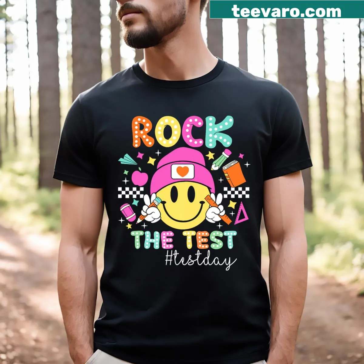 Motivational T-shirt for teachers and students with humorous testing slogan — on a men's t-shirt