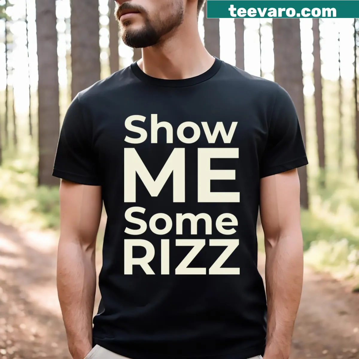 Meme t-shirt with the phrase Show Me Some Rizz — on a men's t-shirt
