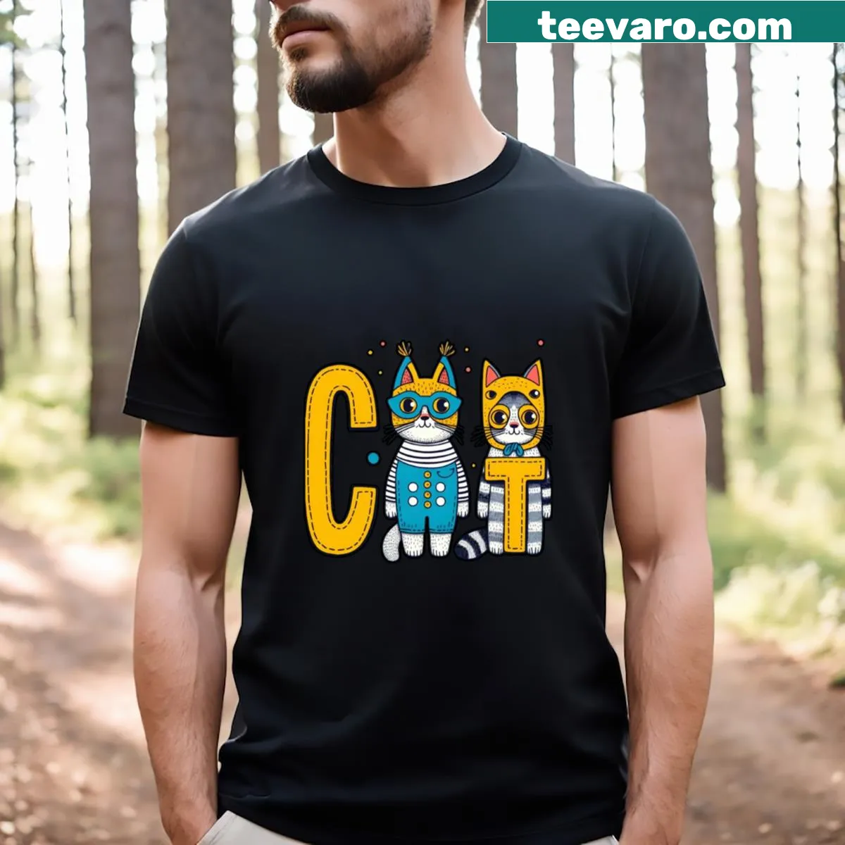 Illustrated t-shirt celebrating cats with whimsical designs — on a men's t-shirt