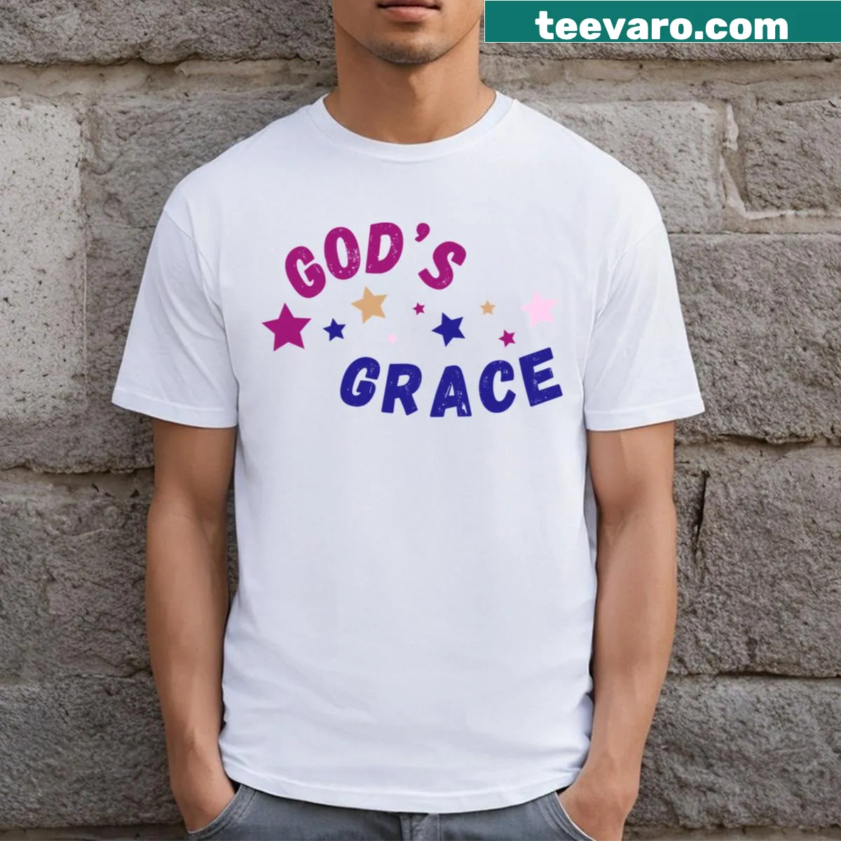 T-shirt featuring the phrase 'God's Grace' in simple typography — on a men's t-shirt