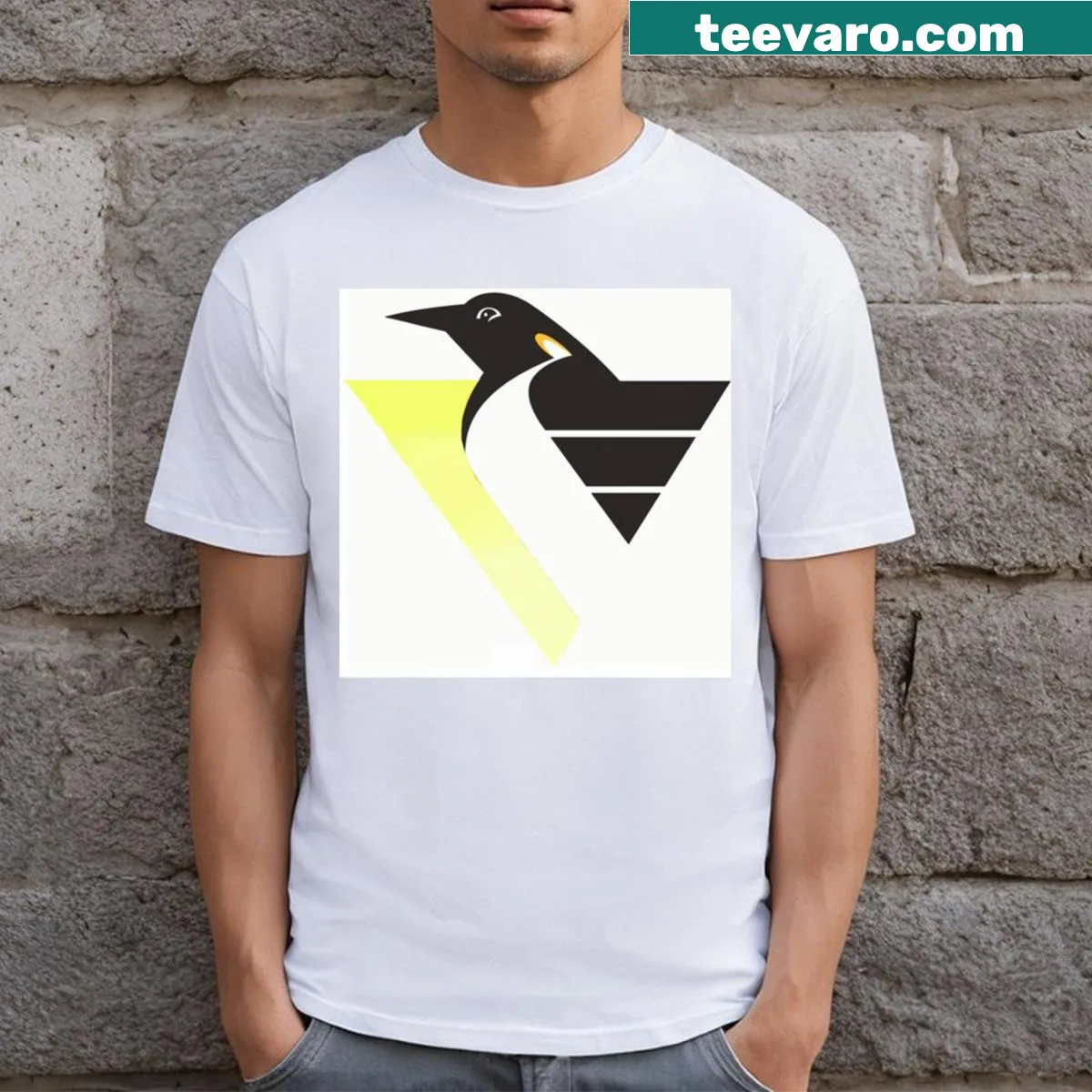 Cartoon Robo Penguin design on an essential T-shirt — on a men's t-shirt