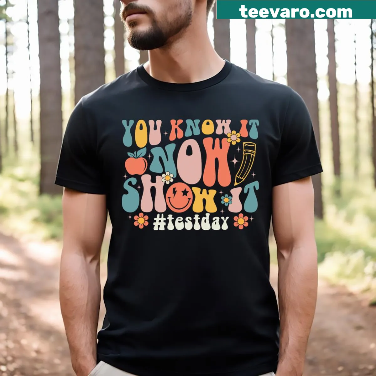 Playful test day teacher t-shirt with motivational phrase — on a men's t-shirt