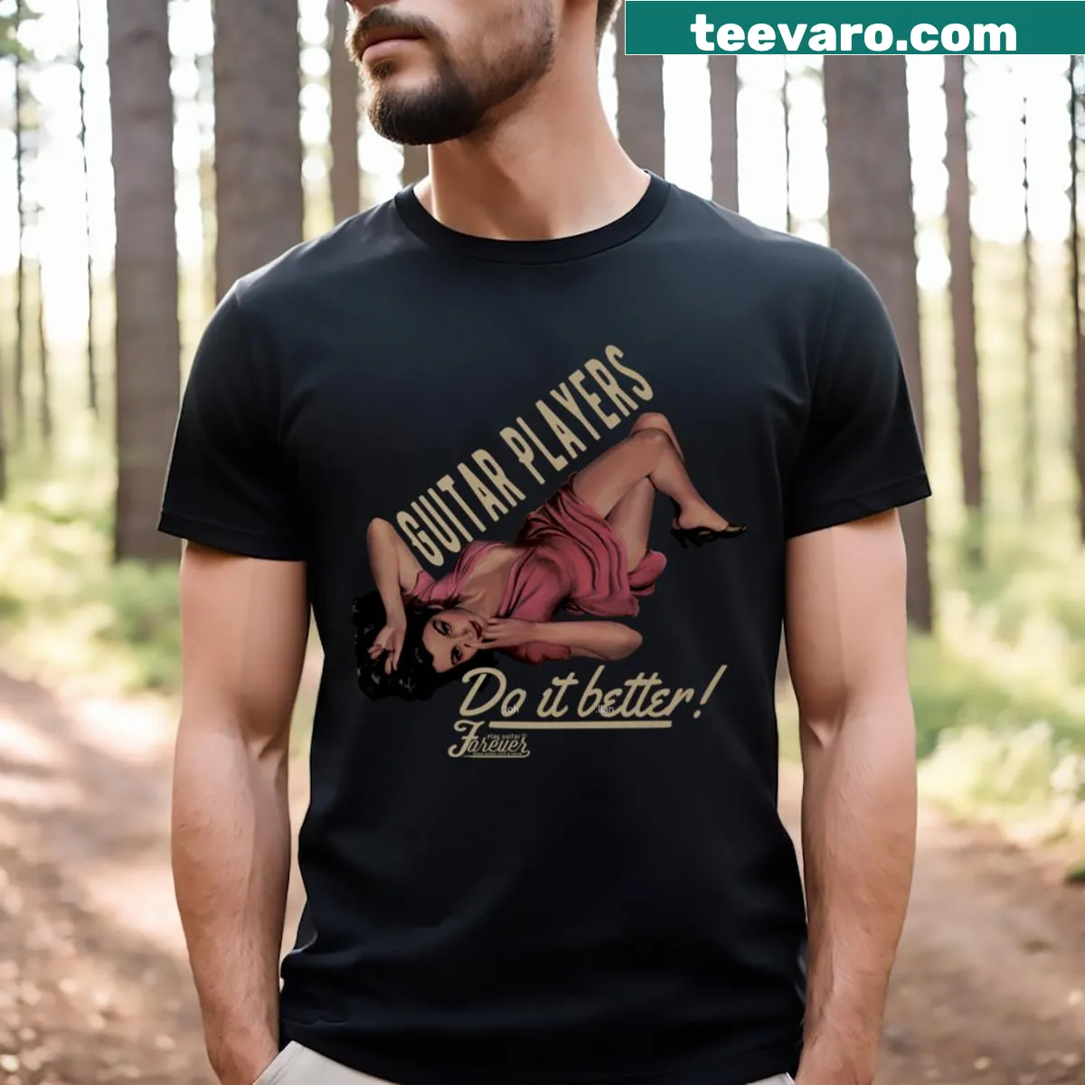 Playful t-shirt for guitar players with fun text design — on a men's t-shirt