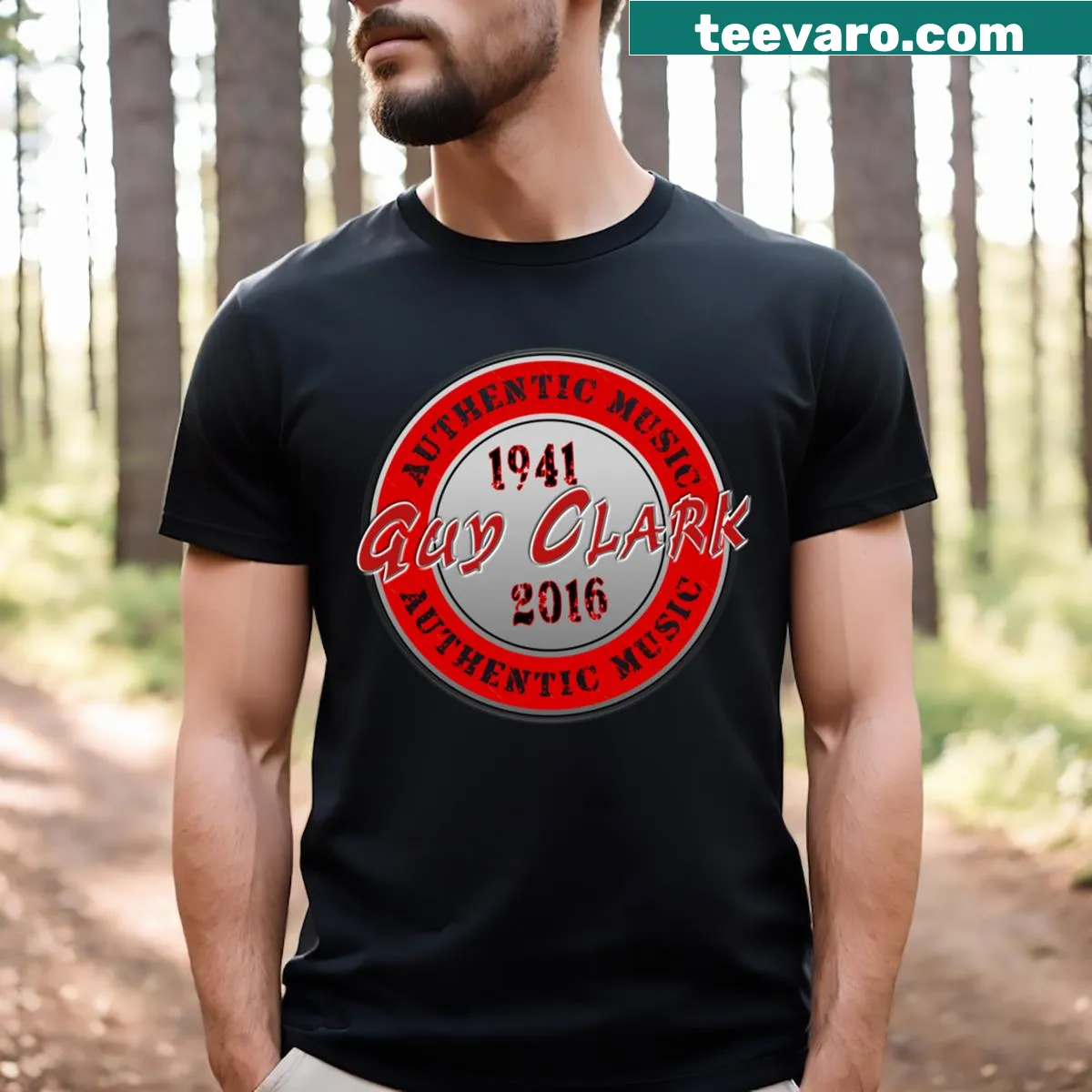 Illustrative tribute to Guy Clark on a music-themed T-shirt — on a men's t-shirt