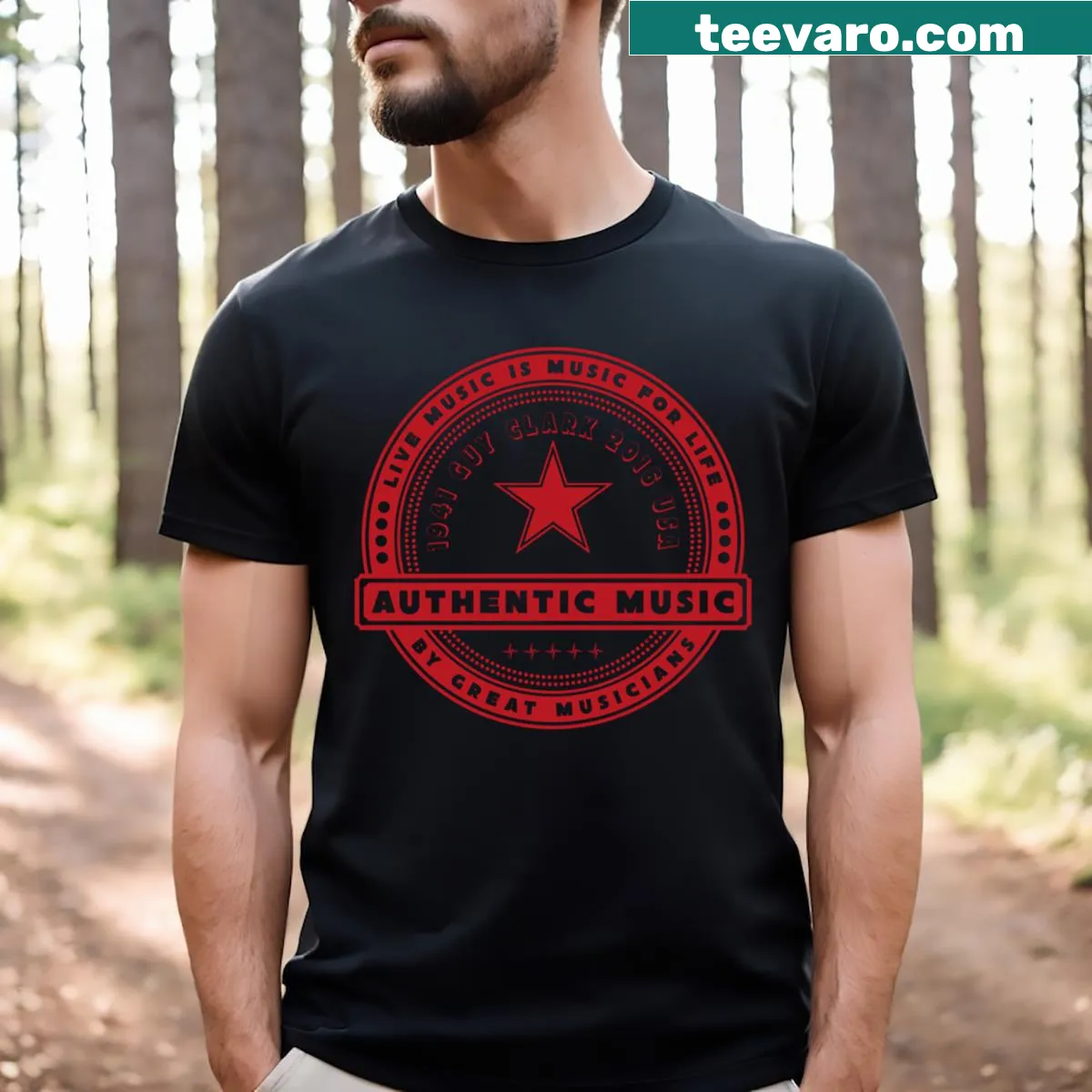 Active tribute to Guy Clark with musical illustration on T-shirt — on a men's t-shirt
