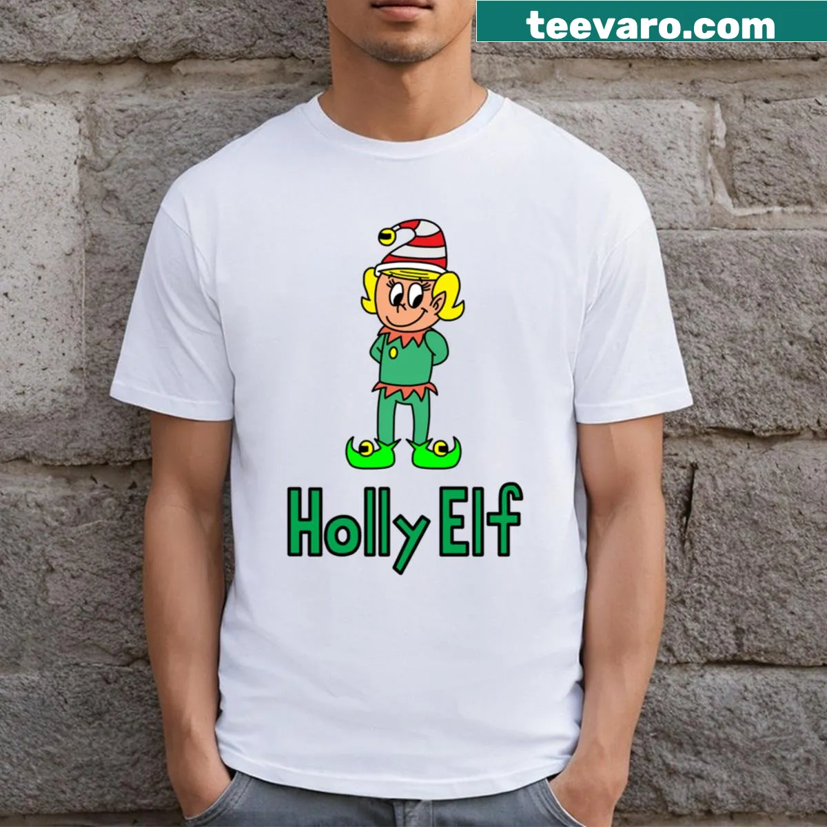 Personalized Holly Elf t-shirt featuring a cheerful elf design — on a men's t-shirt