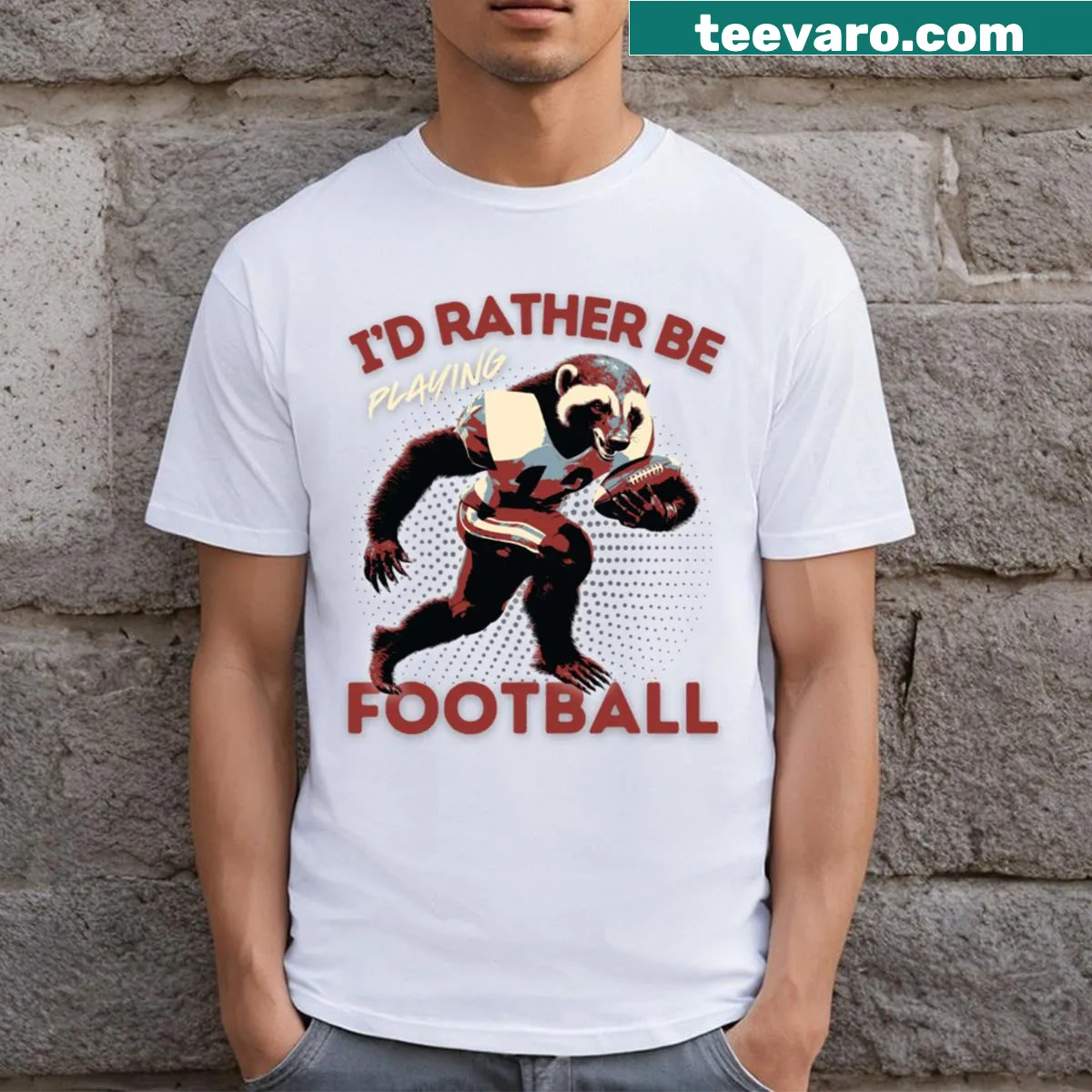 Football-themed shirt featuring a humorous honey badger graphic — on a men's t-shirt