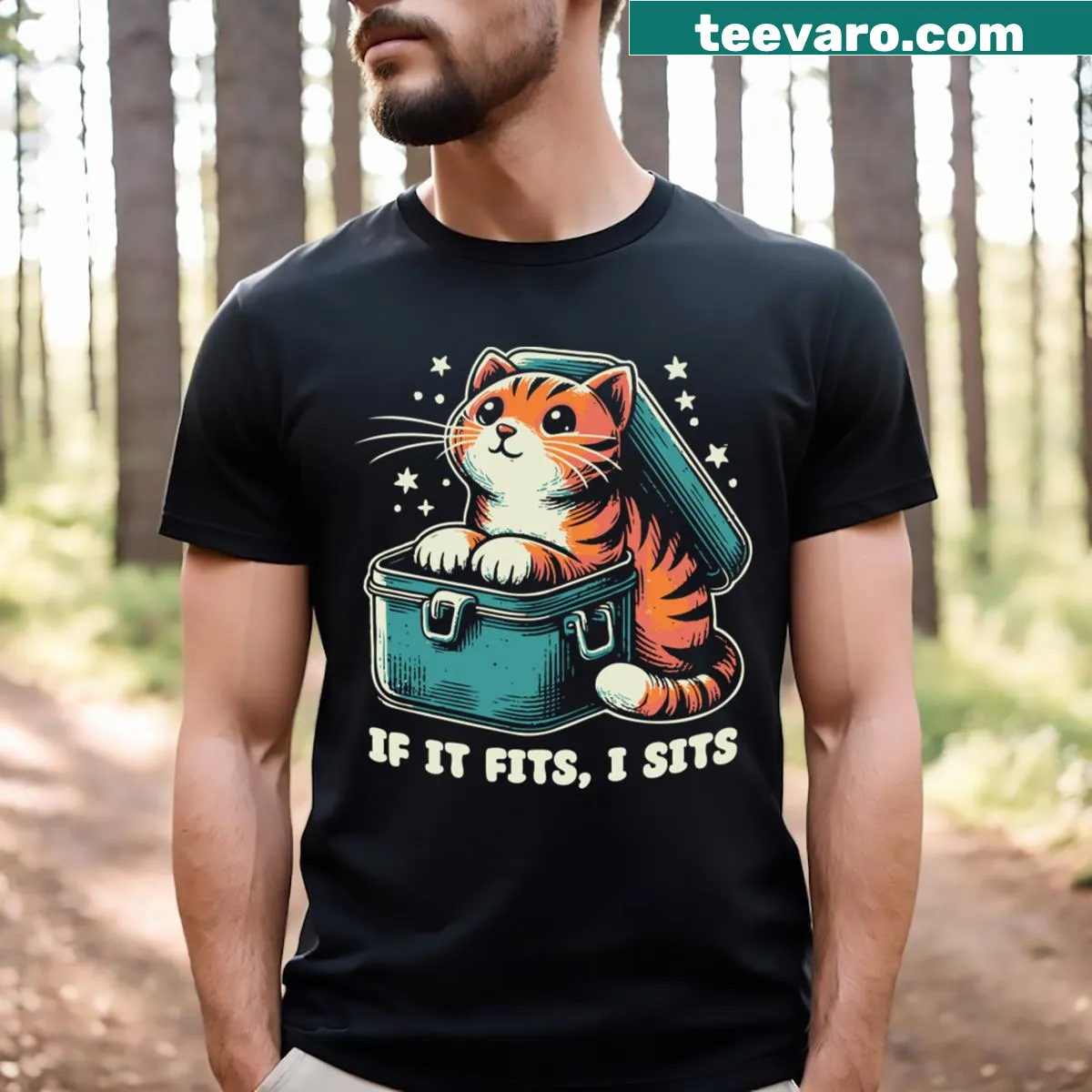 Cute cat t-shirt featuring a playful cat illustration sitting in a box — on a men's t-shirt