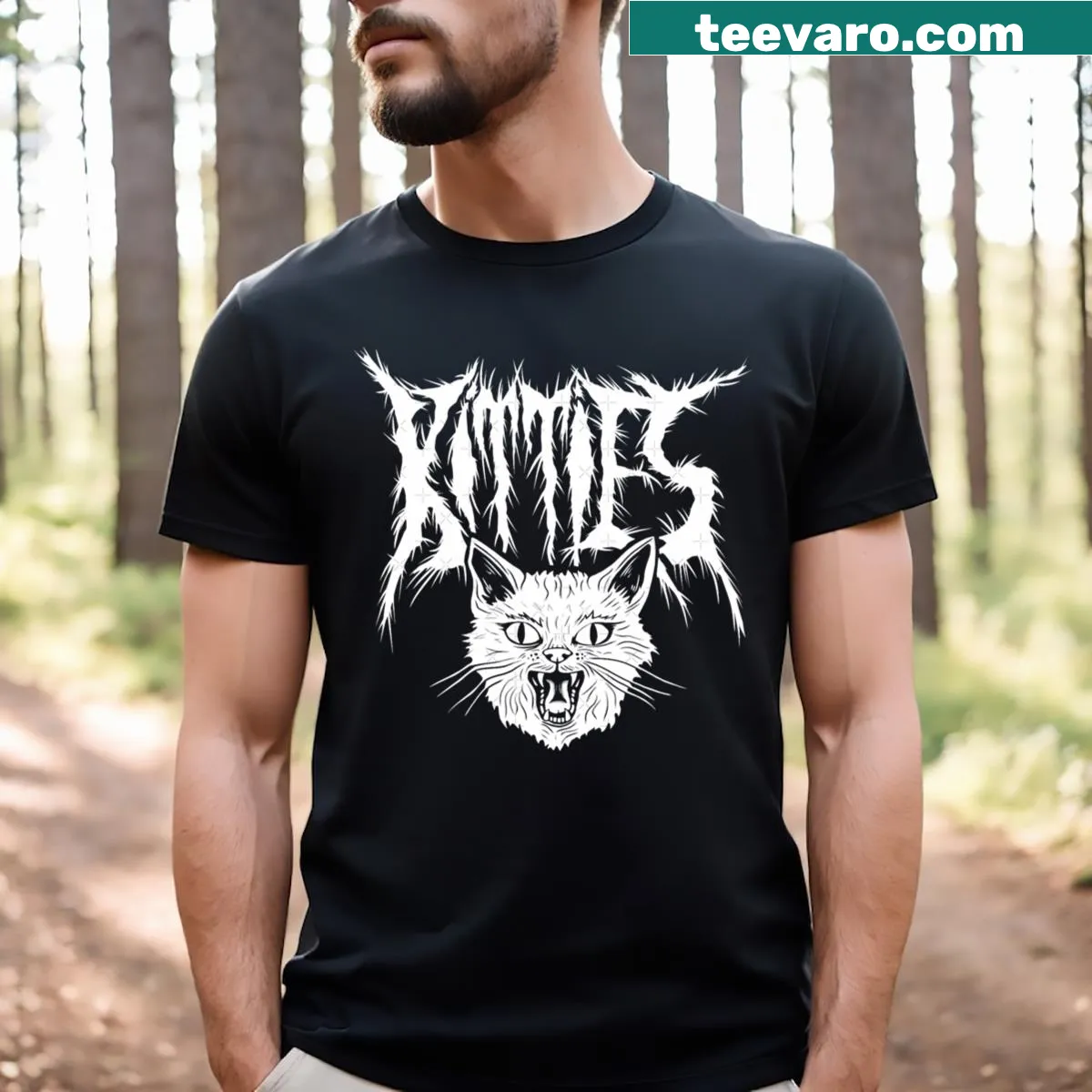 Cartoon kitties in a metal style graphic on T-shirt — on a men's t-shirt