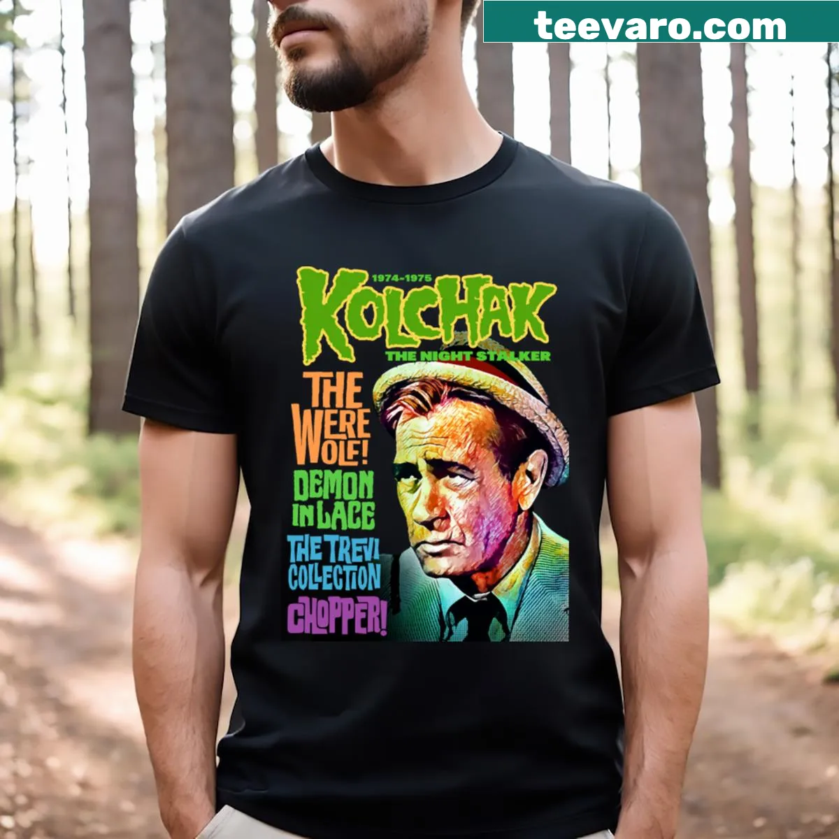 T-shirt featuring graphic elements inspired by Kolchak The Night Stalker. — on a men's t-shirt