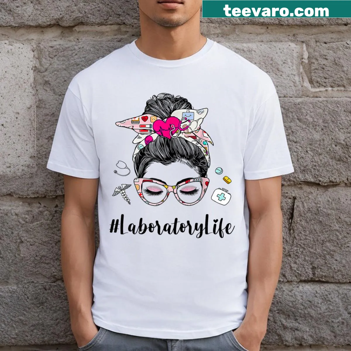Cartoon scientist wearing sunglasses on Lab Week T-shirt — on a men's t-shirt