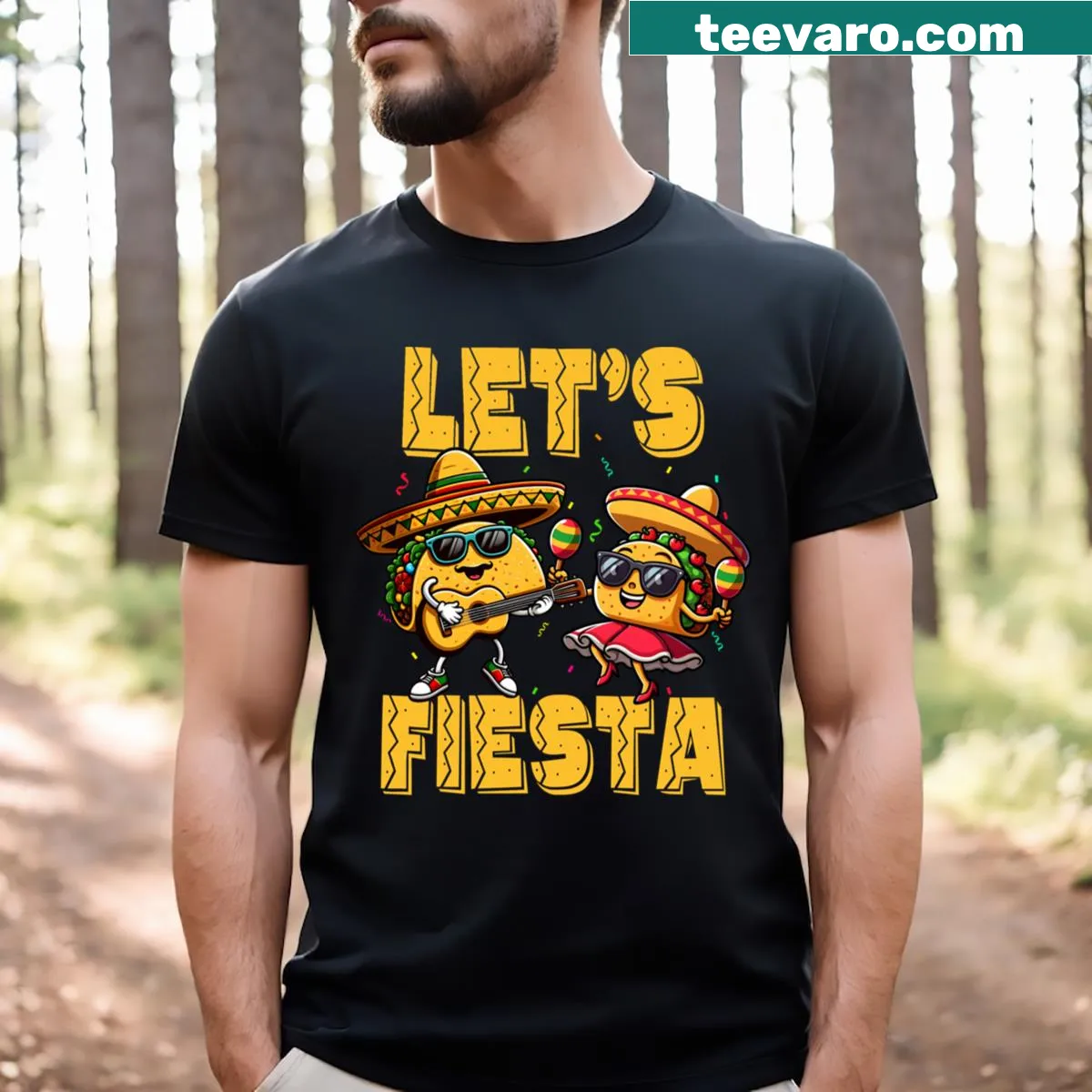 Taco playing guitar with girlfriend holding maracas on a T-shirt — on a men's t-shirt