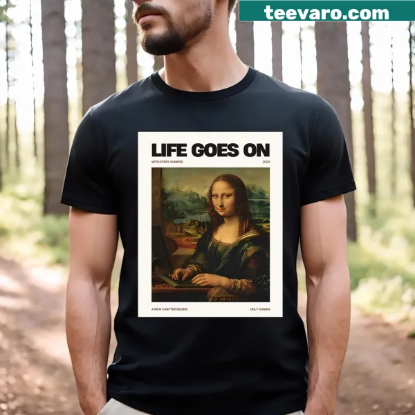 T-shirt depicting the Mona Lisa with a laptop in an illustrative style.