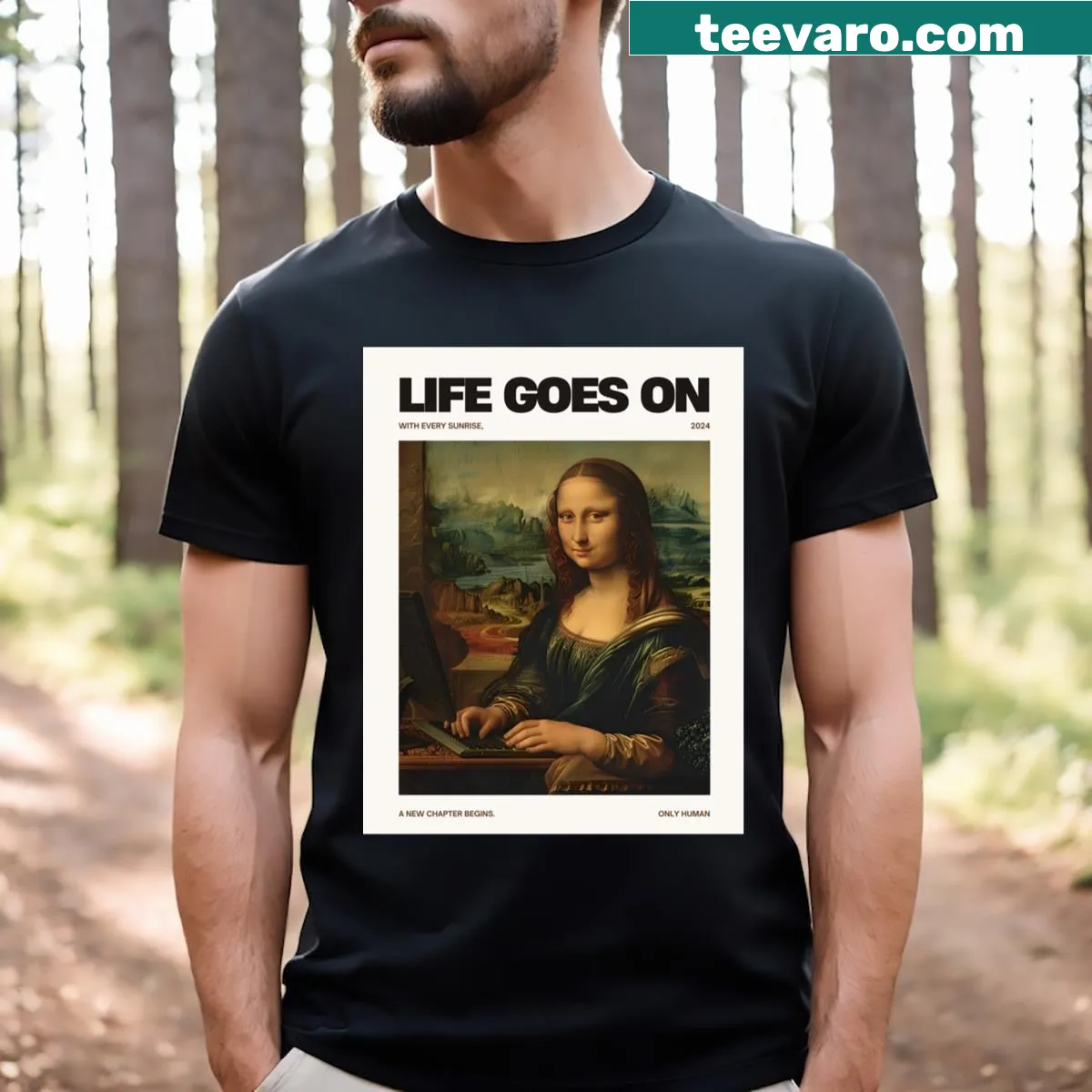 T-shirt depicting the Mona Lisa with a laptop in an illustrative style. — on a men's t-shirt
