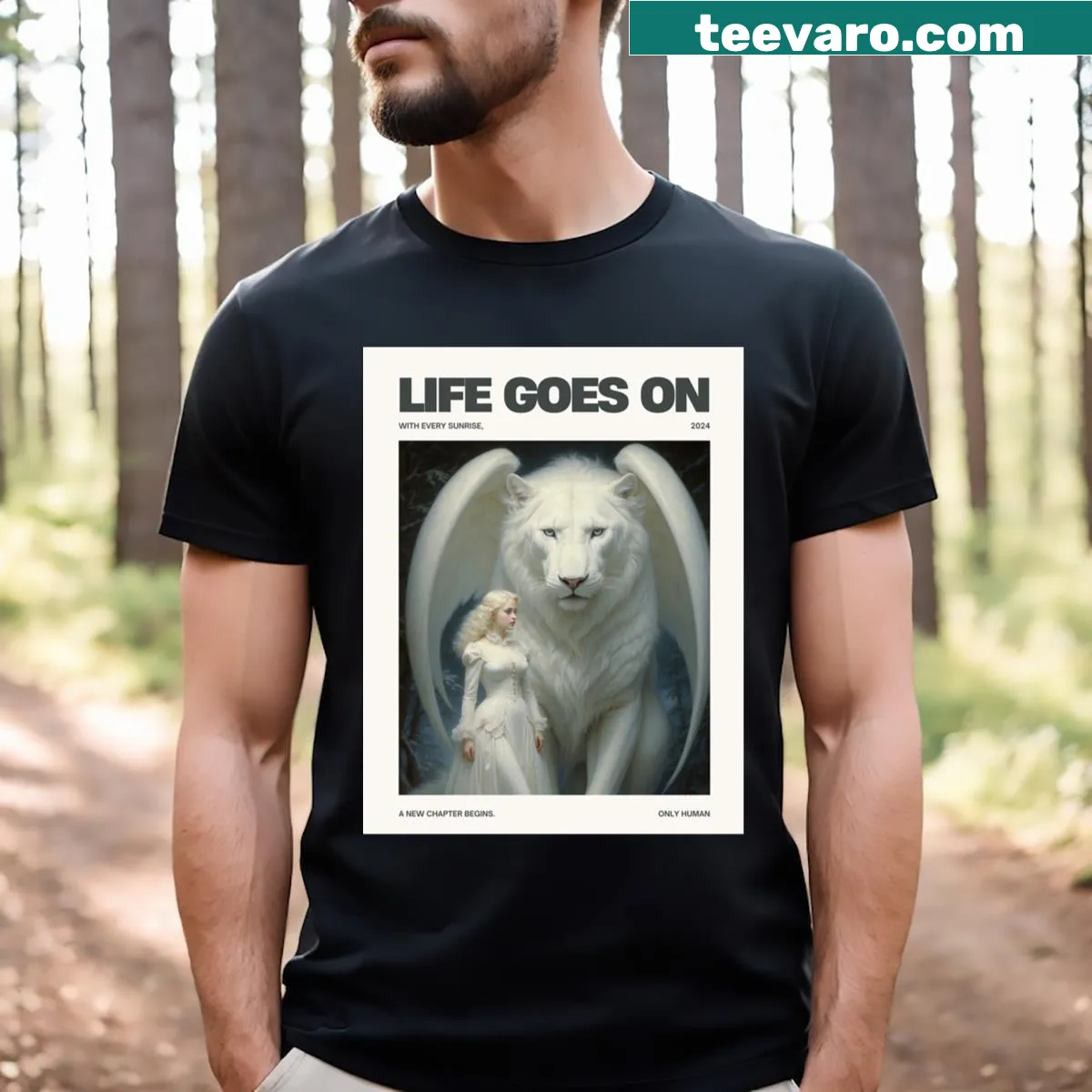 Fantasy princess with a white lion and wings on T-shirt — on a men's t-shirt