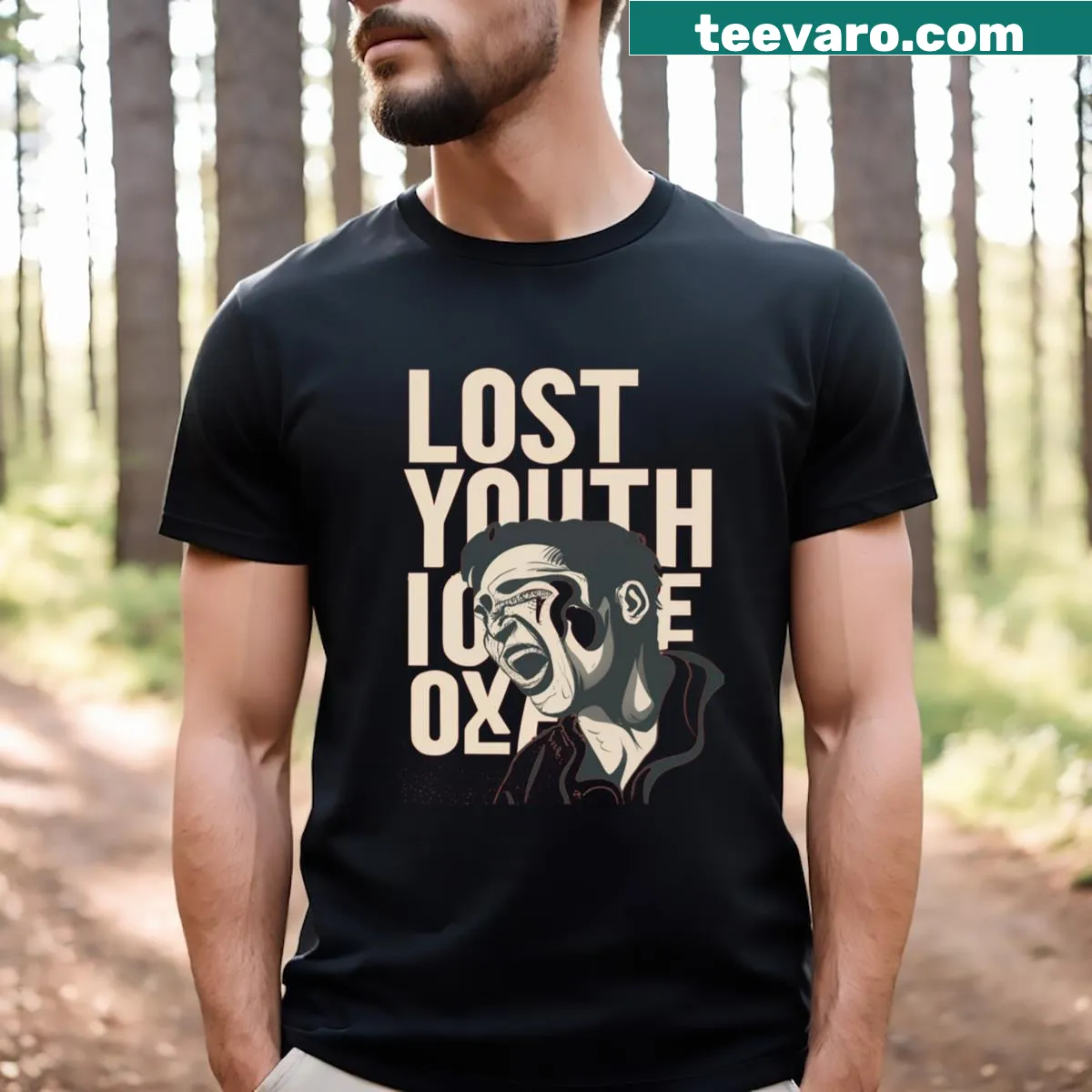 T-shirt with the phrase 'Lost Youth' reflecting nostalgia — on a men's t-shirt