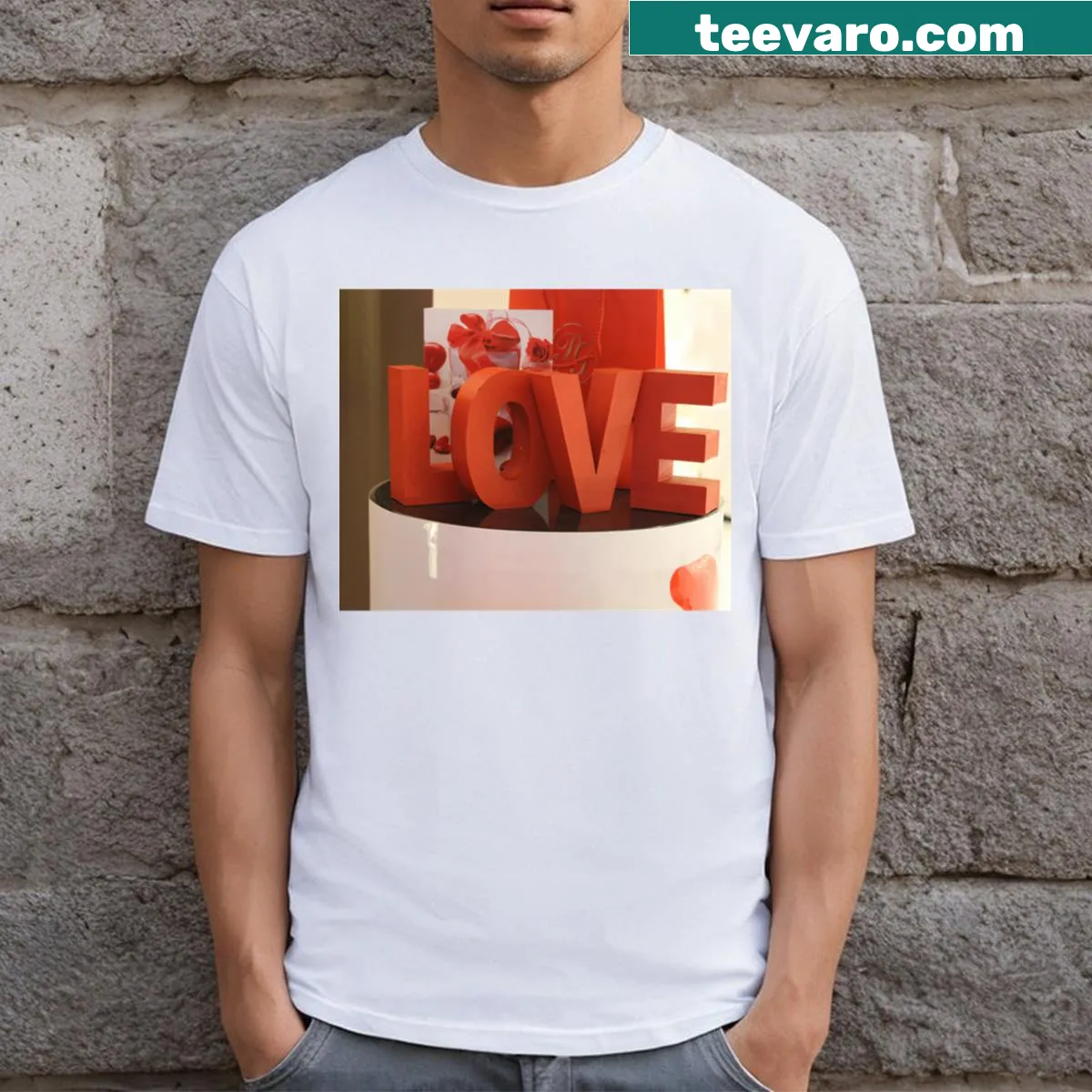 Hand-lettered T-shirt featuring Love Letters Written In Red in 3D style — on a men's t-shirt