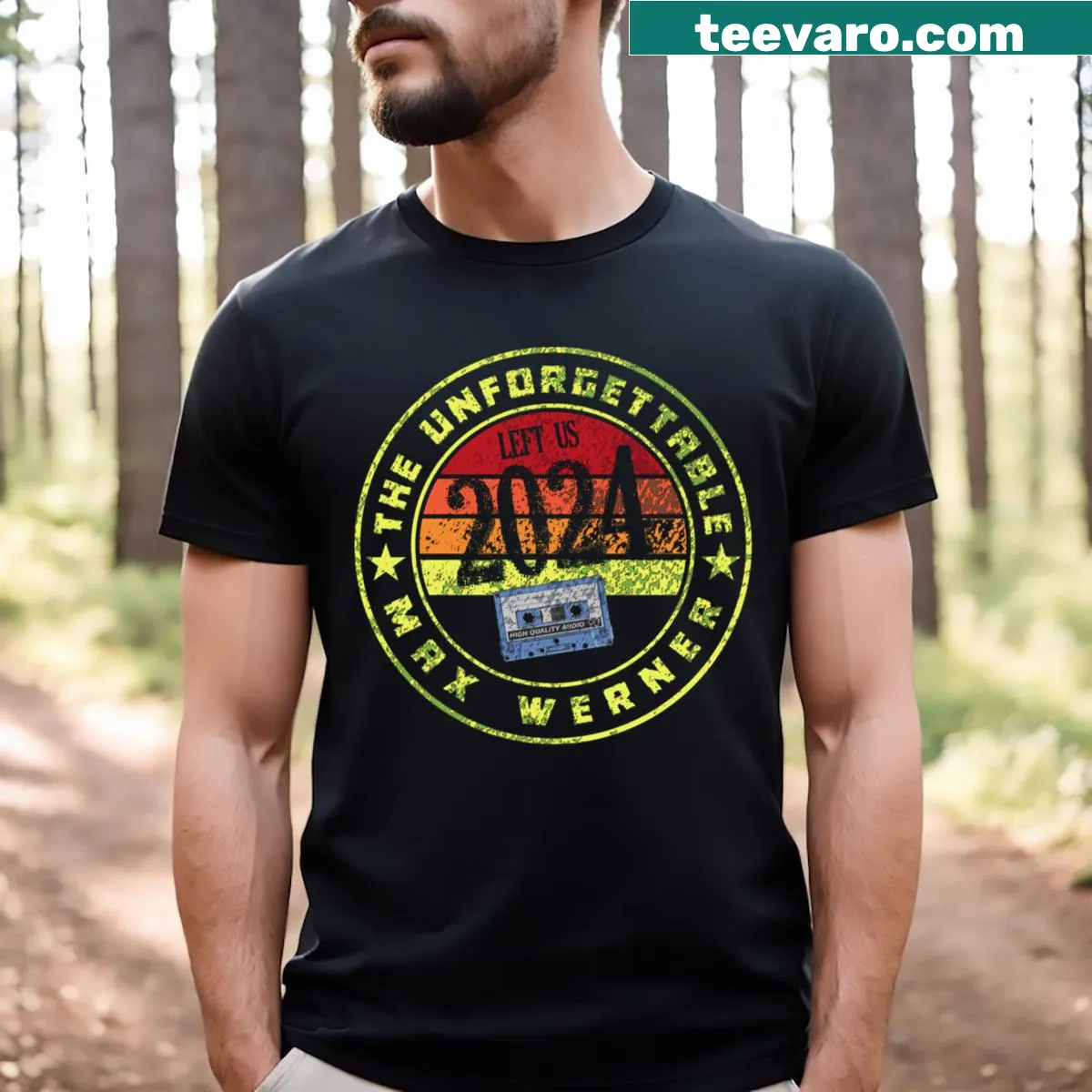 Dynamic music-themed Graphic on Max Werner 2024 T-shirt — on a men's t-shirt
