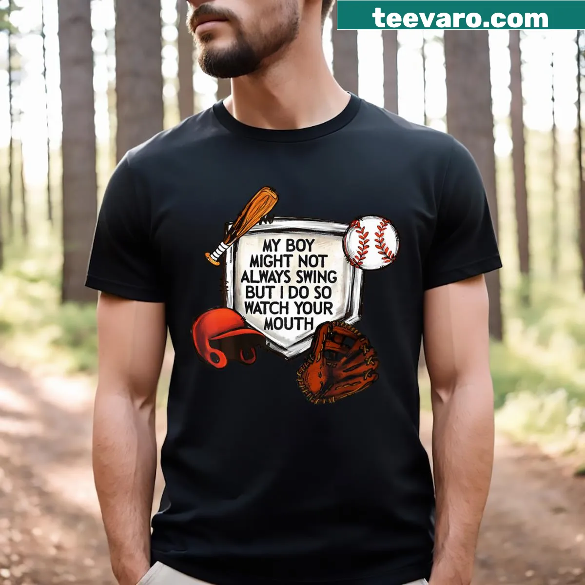 Playful T-shirt with 'My Boy Might Not Always Swing...' slogan — on a men's t-shirt