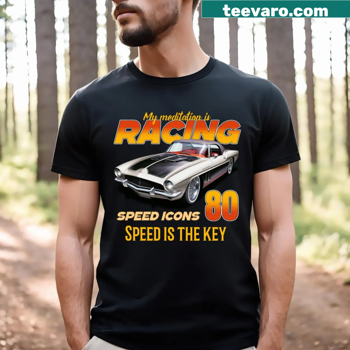 Racing-themed T-shirt with text ‘My Meditation Is Racing’ — on a men's t-shirt