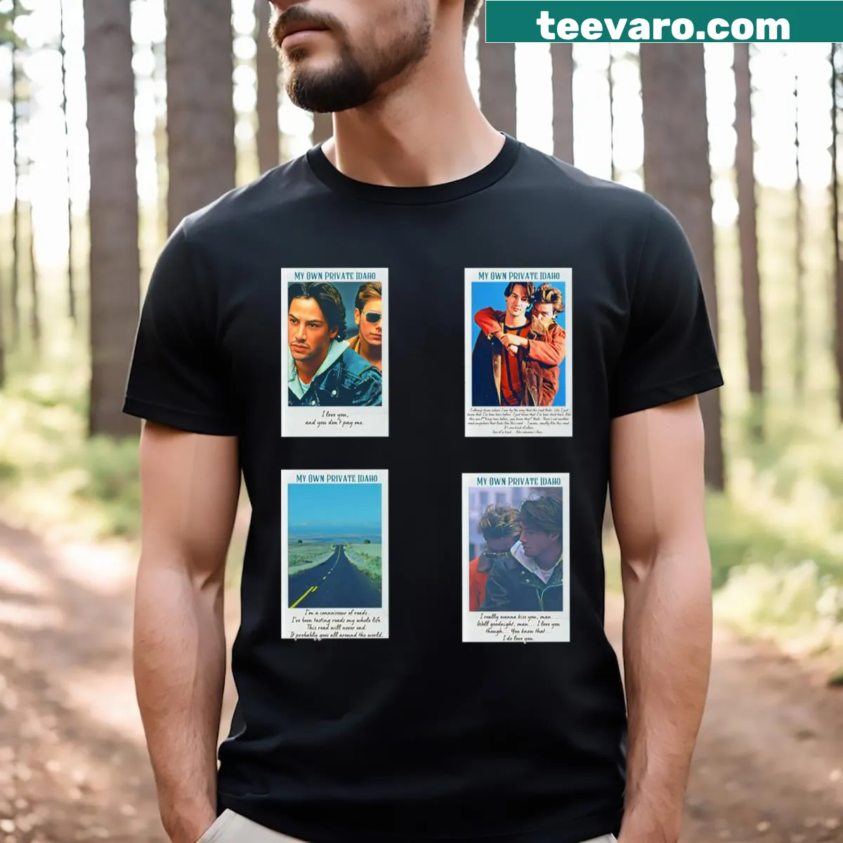 Travel-themed T-shirt with ‘My Own Private Idaho’ text — on a men's t-shirt