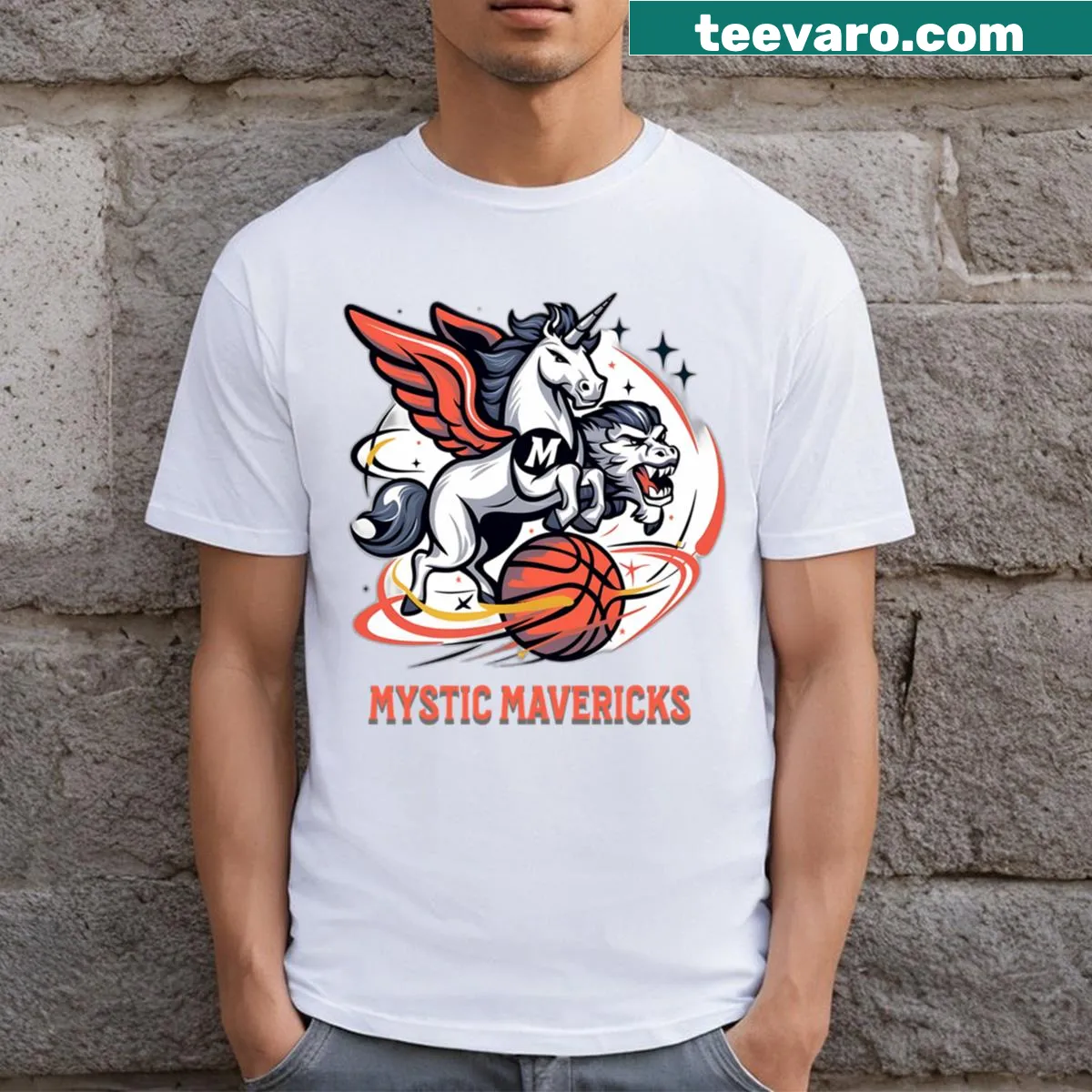 Whimsical T-shirt for the fictional 'Mystic Mavericks' sports team — on a men's t-shirt