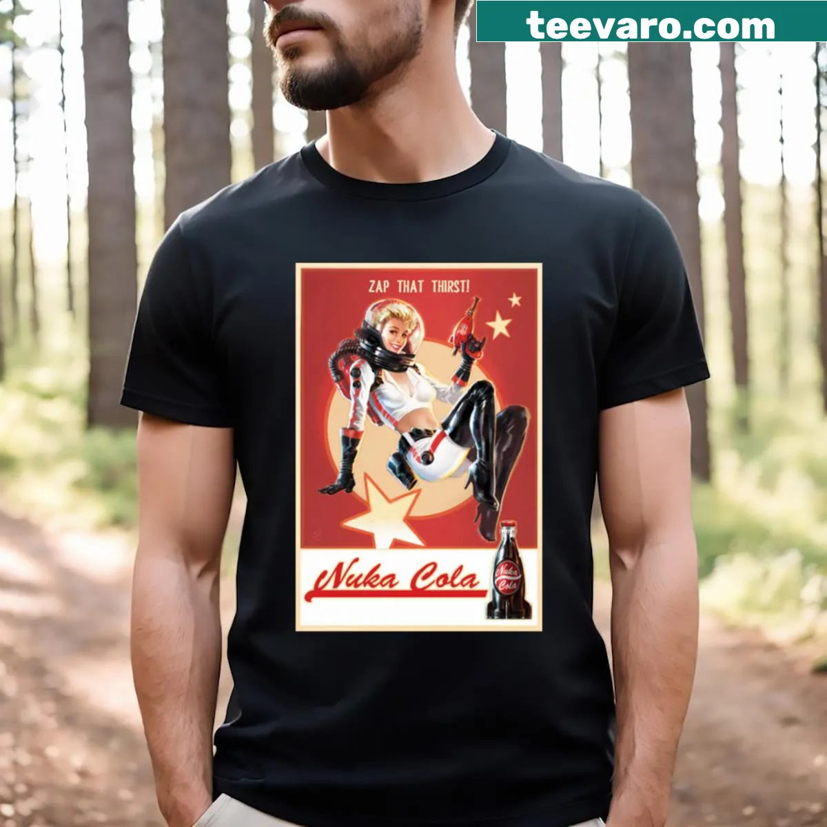 Vintage advertisement style T-shirt for Nuka Cola — on a men's t-shirt