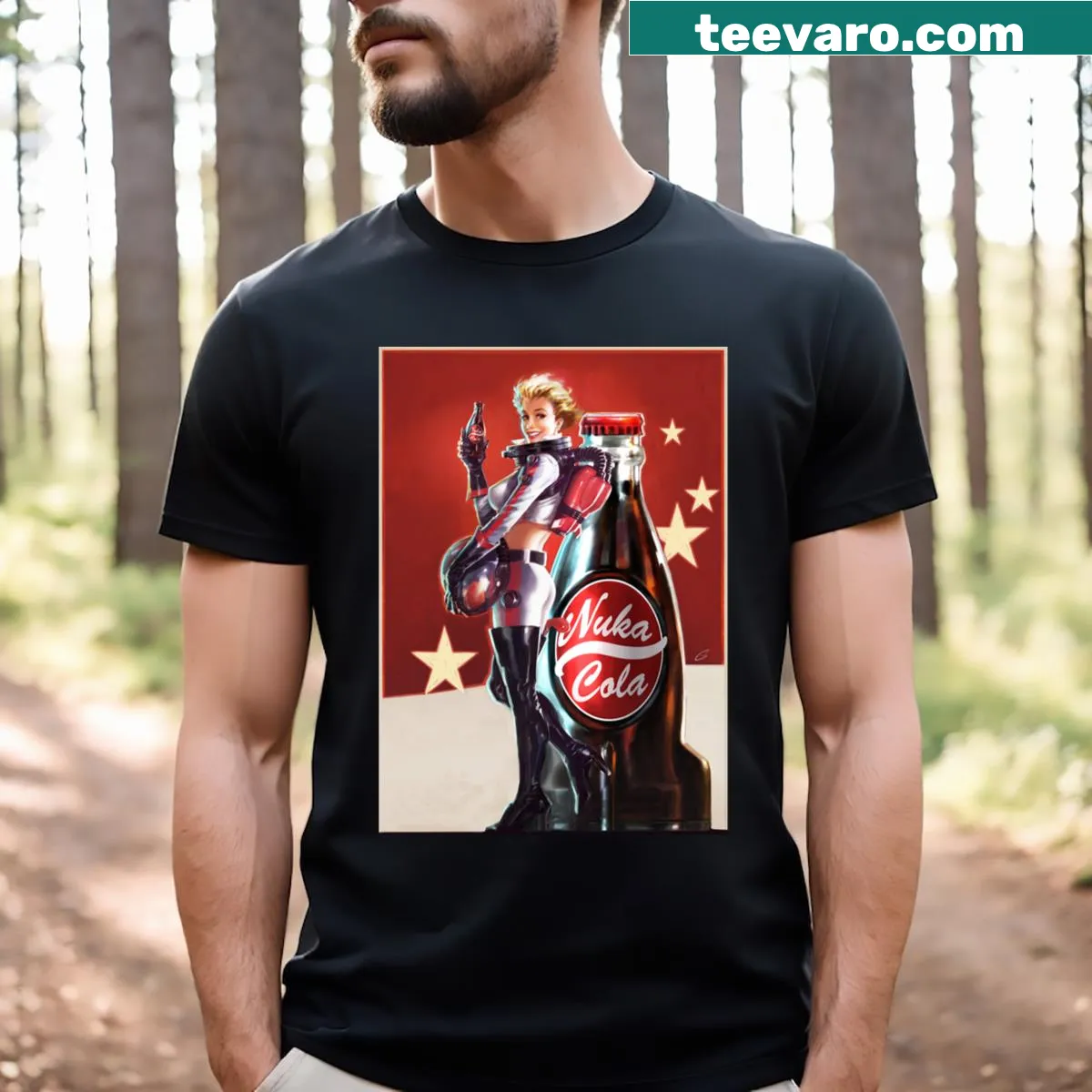 Illustrated t-shirt featuring the Nuka Girl design from gaming culture — on a men's t-shirt