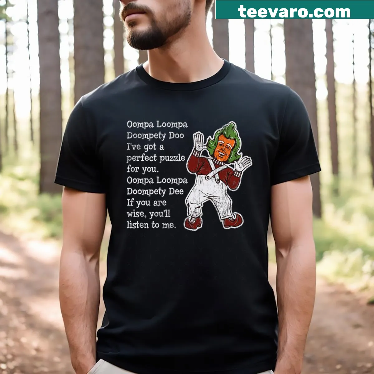 Worn-out t-shirt featuring Oompa Loopa lyrics — on a men's t-shirt