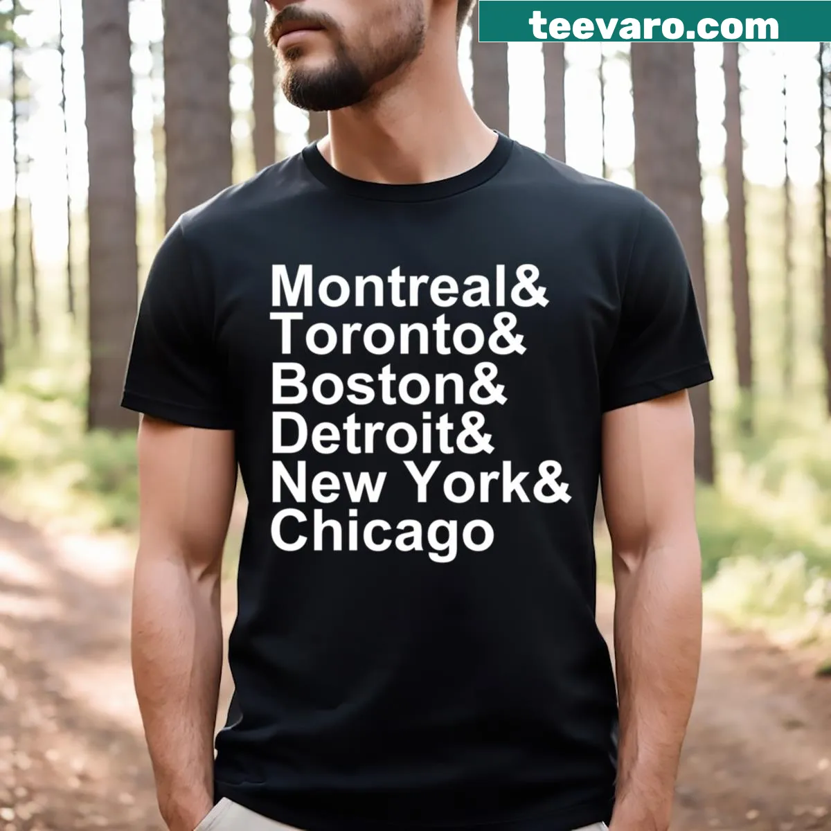 Stylish typography t-shirt displaying the names of six iconic cities. — on a men's t-shirt