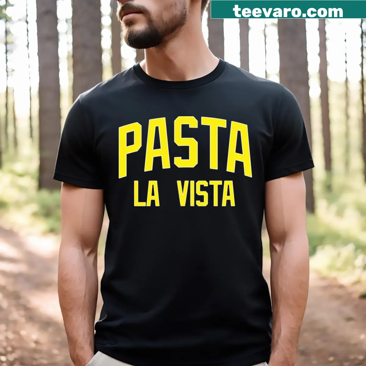 Playful typography t-shirt featuring 'Pasta La Vista' text design. — on a men's t-shirt