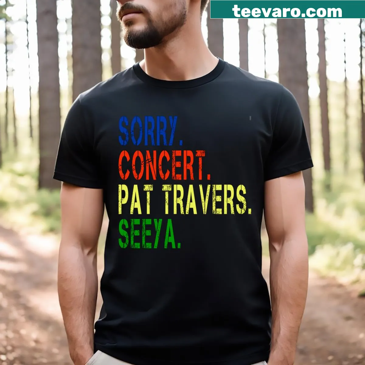 Typography t-shirt featuring 'Pat Travers' text for music fans. — on a men's t-shirt