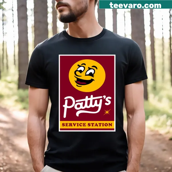 Illustrated T-shirt featuring a vintage service station named 'Patty's'