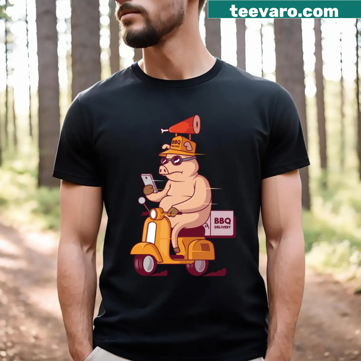 Cartoon pig graphic on a T-shirt with a BBQ delivery theme — on a men's t-shirt