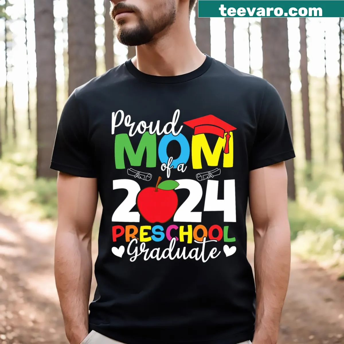 Proud mom t-shirt for a 2024 preschool graduate — on a men's t-shirt