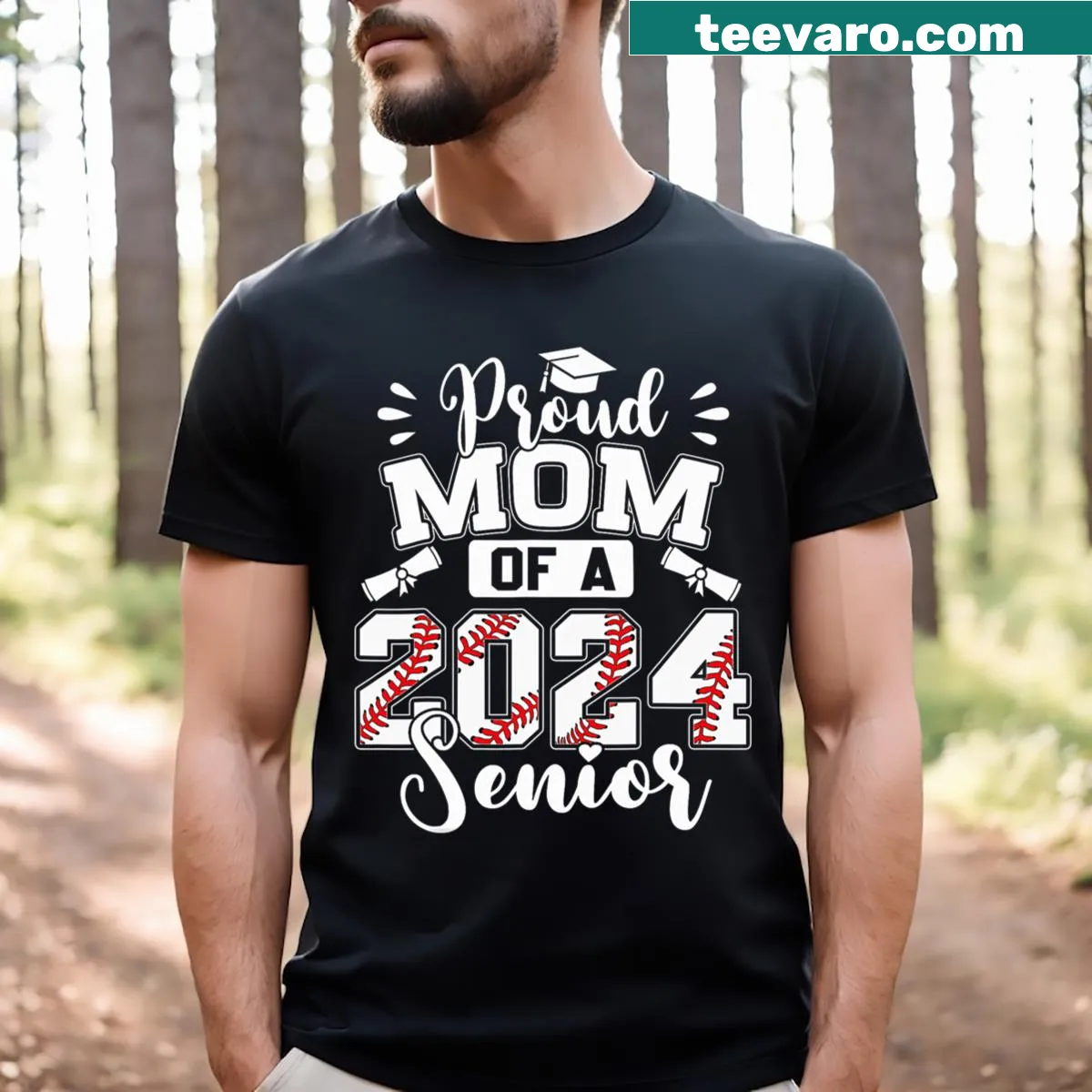 Proud mom t-shirt for a 2024 senior baseball graduate — on a men's t-shirt