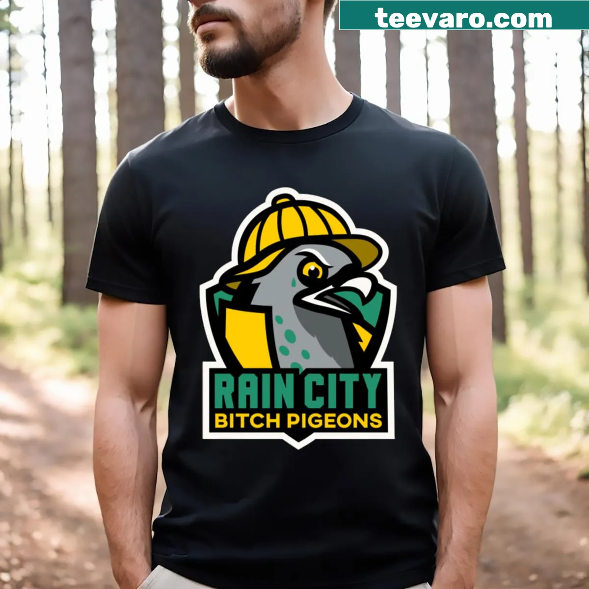 Edgy t-shirt featuring 'Rain City Bitch Pigeons' text — on a men's t-shirt